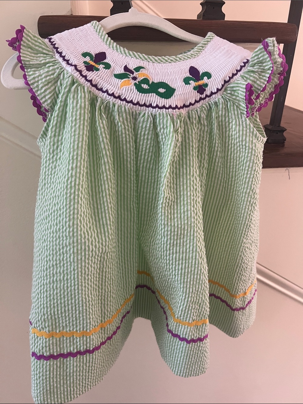 Green Seersucker Smocked Girls Dress with Fleur-de-Lis Mardi Gras Embroidery